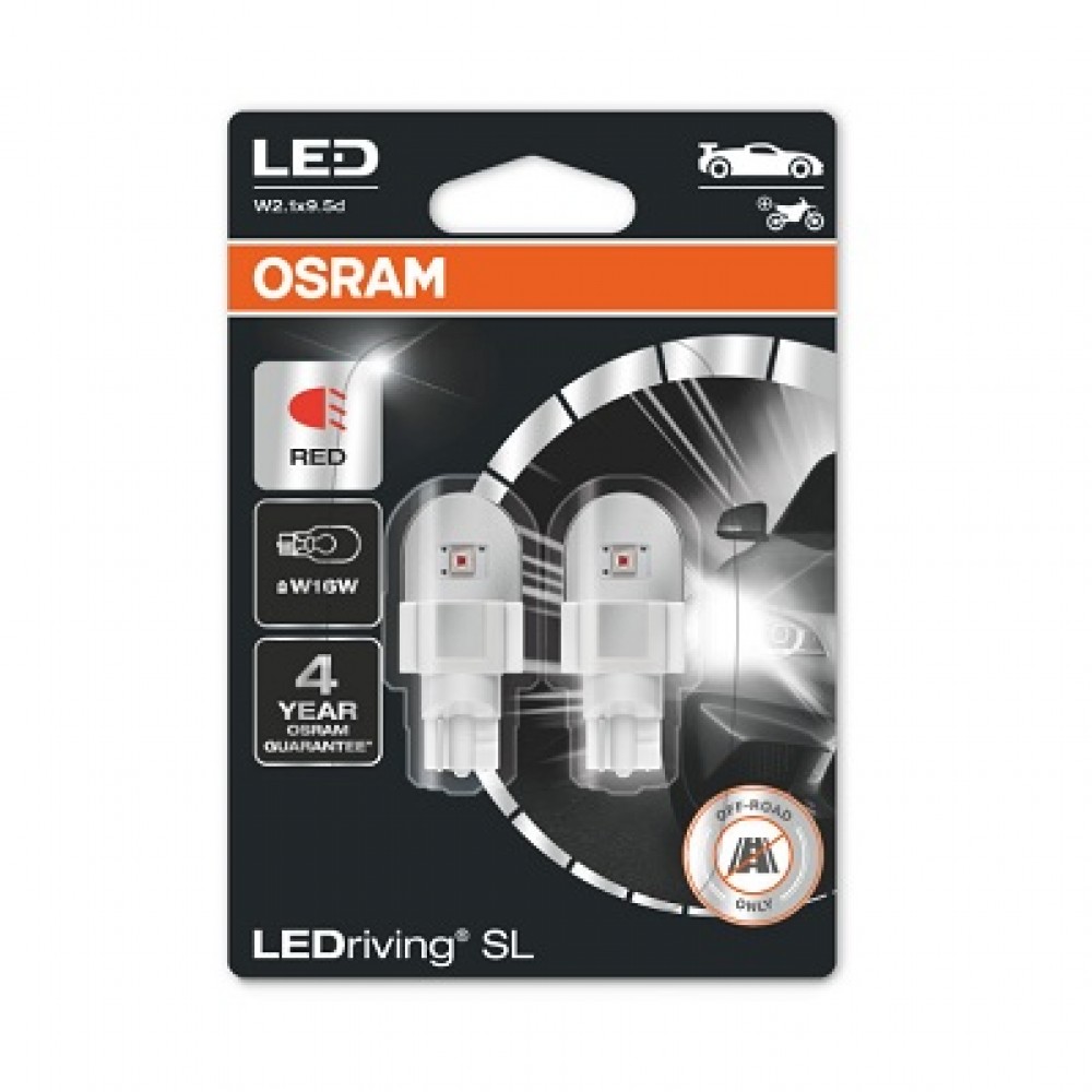 Set 2 becuri cu led 12V W16W rosu Osram