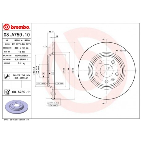 Discuri de frana punte spate Brembo Audi A4 B8 08.A759.11