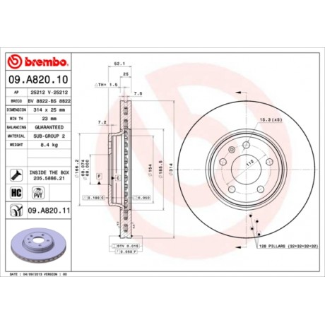 Discuri de frana punte fata Brembo Audi A4 B8 09.A820.11