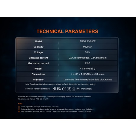 Baterie reincarcabila 16340 950mAh Fenix ARB-L 16-950P