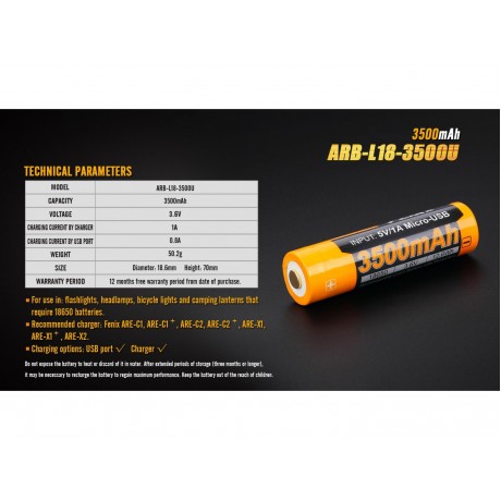 Baterie reincarcabila USB 18650 3500mAh Fenix ARB-L 18-3500U